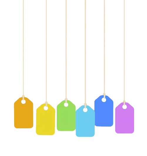 Six colorful name tags representing the guitar string names