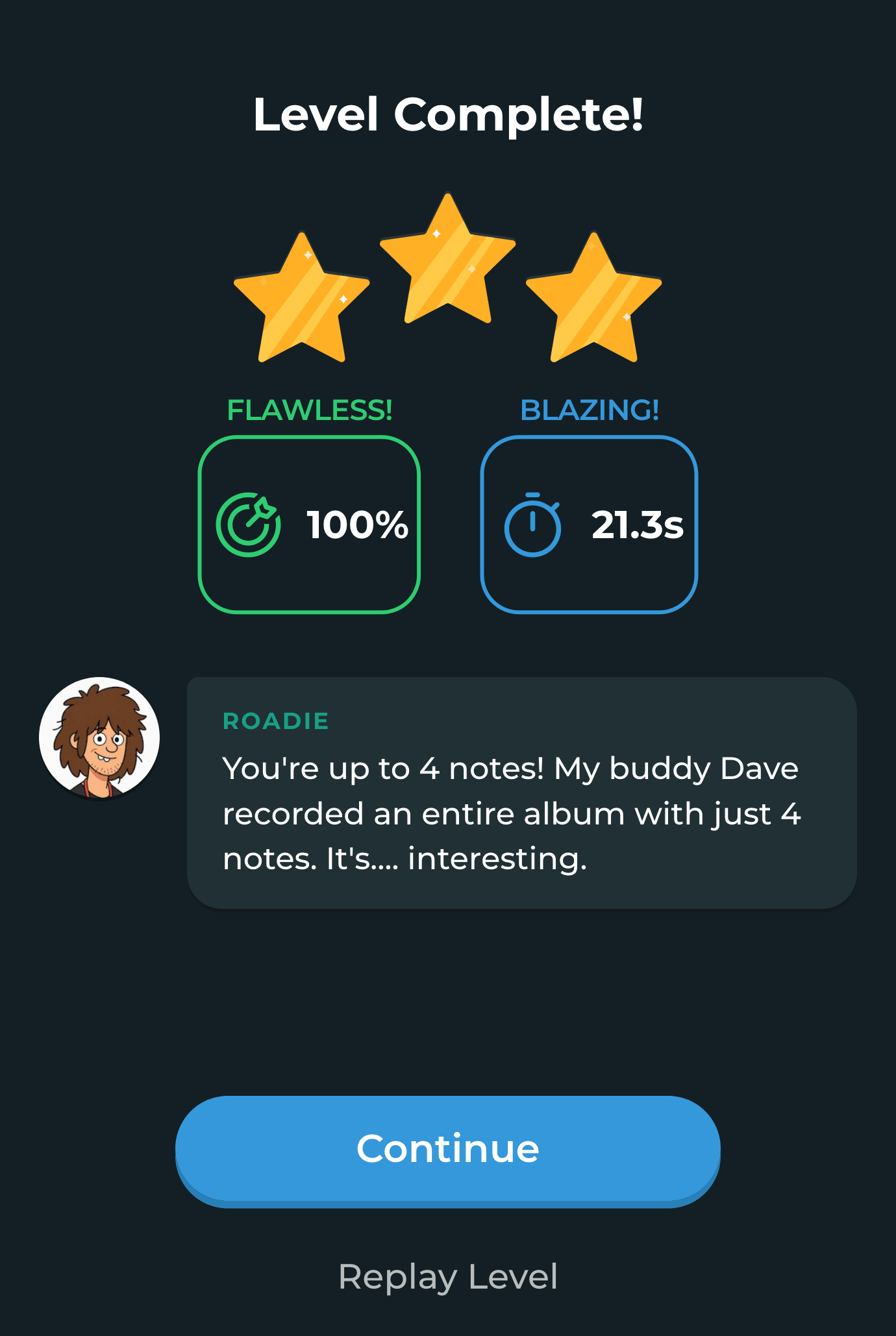 StringKick Games level complete screen: three stars, accuracy and speed scores, and a comment from Roadie the guide character