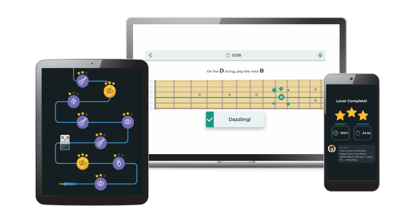 StringKick Games on multiple devices showing interactive guitar learning games