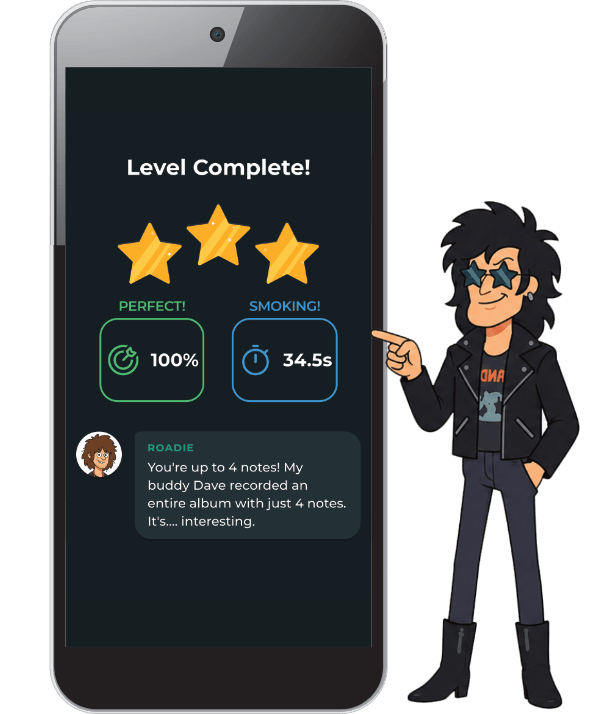 StringKick Games native mobile app showing a level complete screen