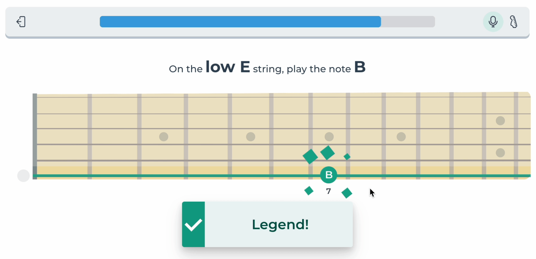 StringKick Games fretboard exercise: play the note B on the low E string - the app hears your guitar and confirms the answer